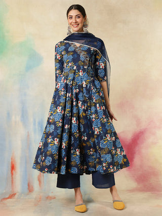 Blue Cotton Printed & Embroidered Anarkali Style Suit Set with Dupatta