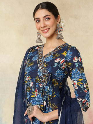 Blue Cotton Printed & Embroidered Anarkali Style Suit Set with Dupatta