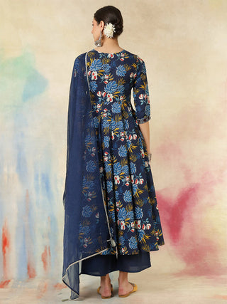 Blue Cotton Printed & Embroidered Anarkali Style Suit Set with Dupatta