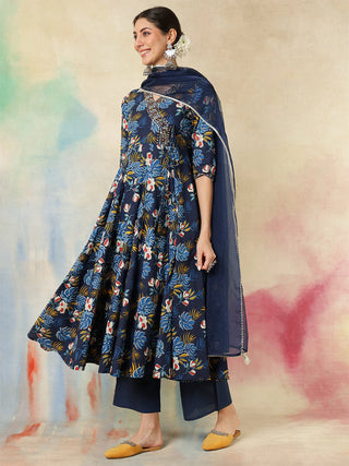 Blue Cotton Printed & Embroidered Anarkali Style Suit Set with Dupatta