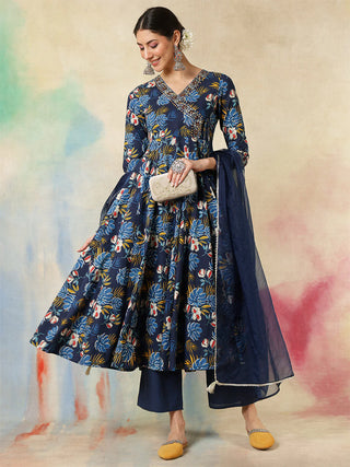 Blue Cotton Printed & Embroidered Anarkali Style Suit Set with Dupatta