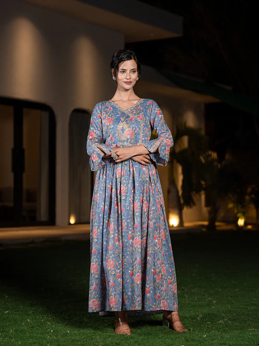 angrakha style maxi dress Embroidered Net Angrakha Gown | Orange Magenta Kaftan Style Pakistani Weds Party Maxi Dress Custom Stitched