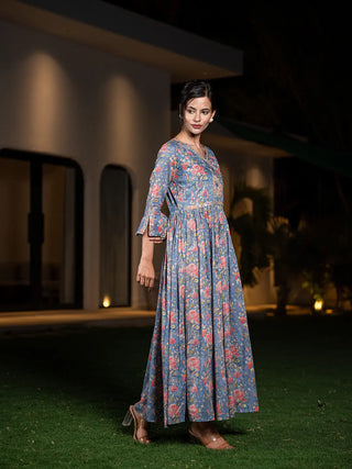 Blue Cotton Floral Print, Beads & Stones Detailing Angrakha Style Maxi Dress