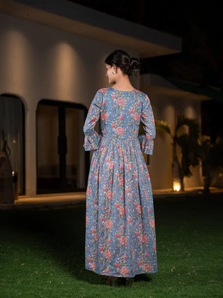 Blue Cotton Floral Print, Beads & Stones Detailing Angrakha Style Maxi Dress