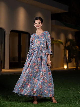 Blue Cotton Floral Print, Beads & Stones Detailing Angrakha Style Maxi Dress