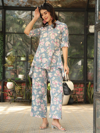 Blue Pure Cotton Shirt Collar Floral Print Co-Ord Set