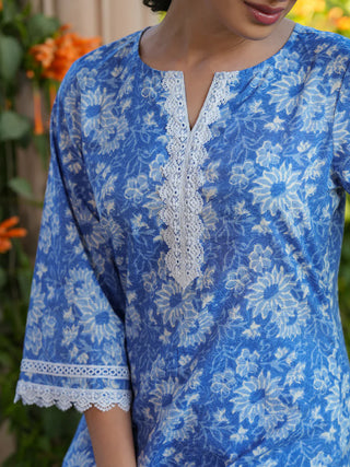 Blue Cotton Floral Print Co-Ord Set