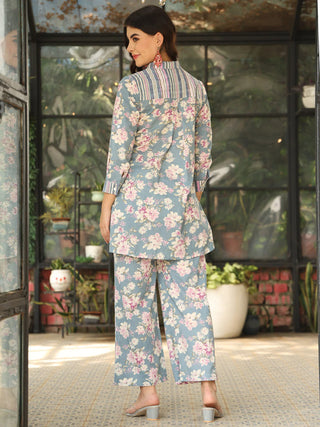 Blue Pure Cotton Shirt Collar Floral Print Co-Ord Set