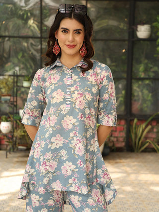 Blue Pure Cotton Shirt Collar Floral Print Co-Ord Set