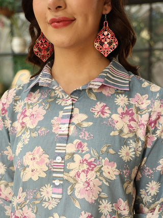 Blue Pure Cotton Shirt Collar Floral Print Co-Ord Set