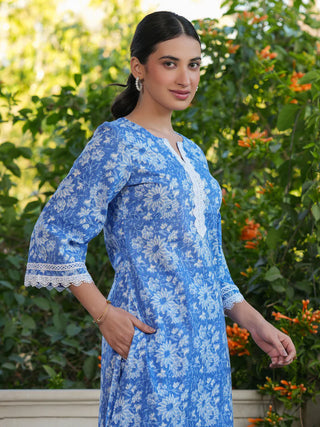 Blue Cotton Floral Print Co-Ord Set