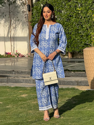 Blue Cotton Floral Print Co-Ord Set