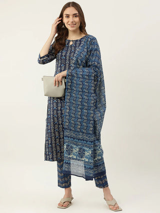 Blue Cotton Printed Suit Set with Dupatta