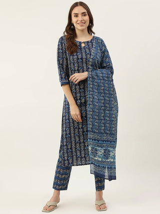 Blue Cotton Printed Suit Set with Dupatta