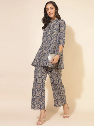 Blue Cotton Printed Kurta Bottom Set