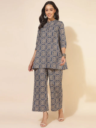 Blue Cotton Printed Kurta Bottom Set
