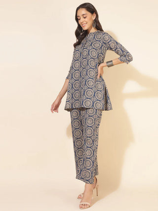 Blue Cotton Printed Kurta Bottom Set