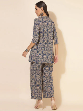 Blue Cotton Printed Kurta Bottom Set