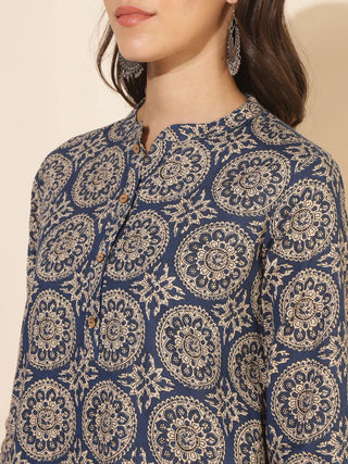 Blue Cotton Printed Kurta Bottom Set