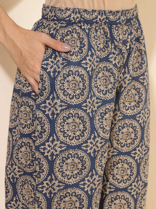 Blue Cotton Printed Kurta Bottom Set