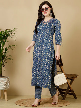 Blue Pure Cotton Straight Shape Printed Kurta Bottom Set