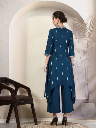 Blue Viscose Rayon Printed & Embroidered Kurta Bottom Set