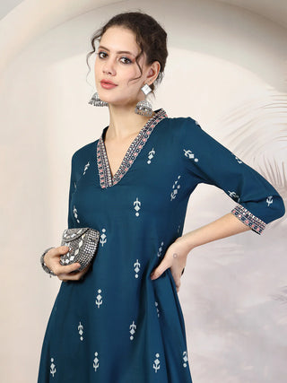 Blue Viscose Rayon Printed & Embroidered Kurta Bottom Set