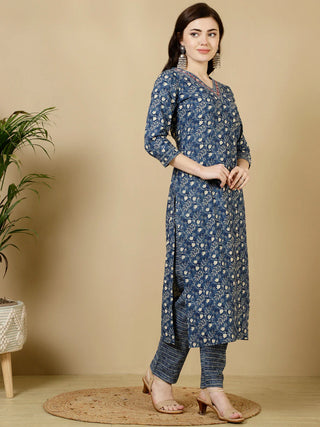 Blue Pure Cotton Straight Shape Printed Kurta Bottom Set