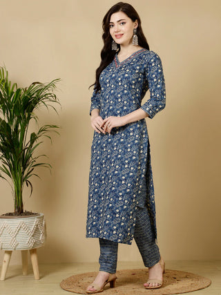 Blue Pure Cotton Straight Shape Printed Kurta Bottom Set