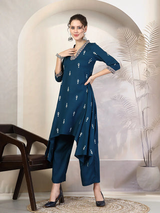 Blue Viscose Rayon Printed & Embroidered Kurta Bottom Set
