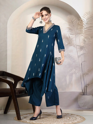 Blue Viscose Rayon Printed & Embroidered Kurta Bottom Set