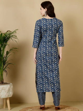Blue Pure Cotton Straight Shape Printed Kurta Bottom Set
