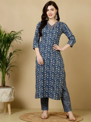 Blue Pure Cotton Straight Shape Printed Kurta Bottom Set