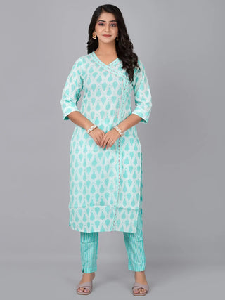 Sky Blue Cotton Floral Print Kurta Pant Set