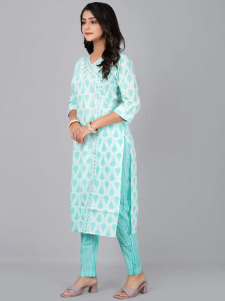 Sky Blue Cotton Floral Print Kurta Pant Set