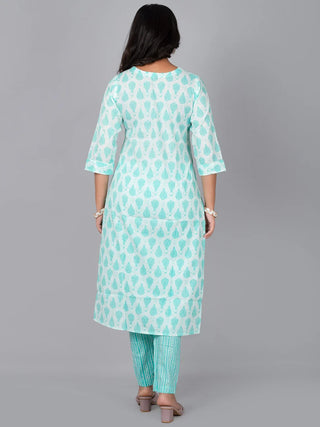 Sky Blue Cotton Floral Print Kurta Pant Set