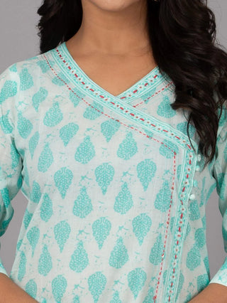 Sky Blue Cotton Floral Print Kurta Pant Set