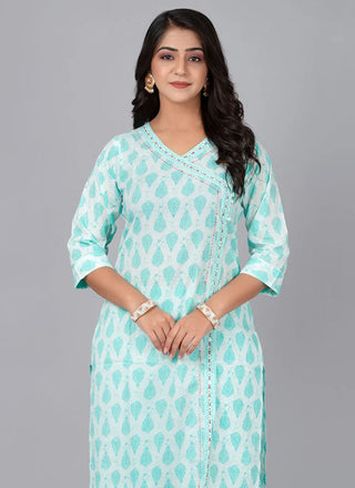 Sky Blue Cotton Floral Print Kurta Pant Set