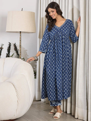 Blue Pure Cotton Printed Kurta Trouser Set