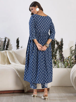 Blue Pure Cotton Printed Kurta Trouser Set