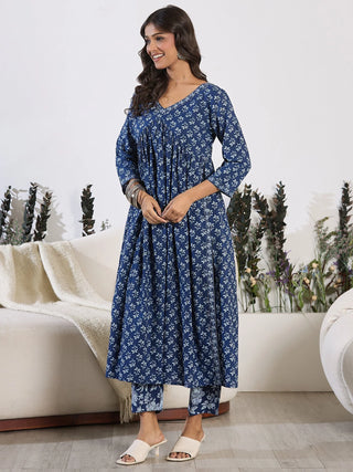 Blue Pure Cotton Printed Kurta Trouser Set