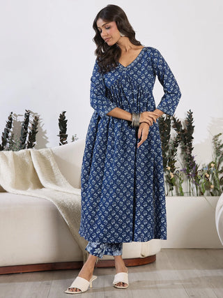 Blue Pure Cotton Printed Kurta Trouser Set