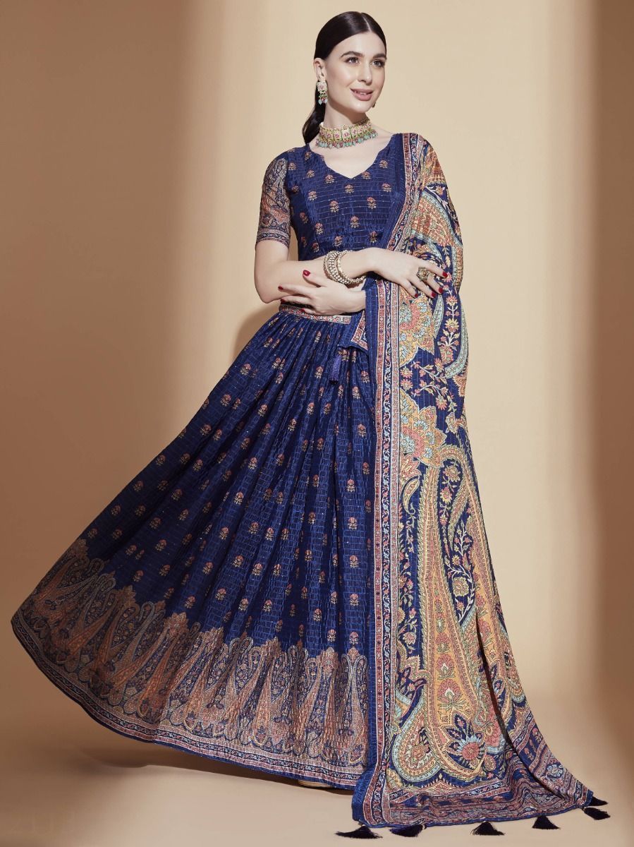 Blue Chinon Digital Print & Crochet Embroidery Lehenga Choli Set