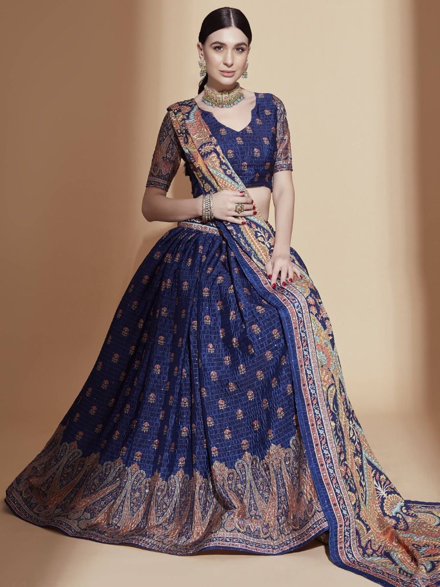 Blue Chinon Digital Print & Crochet Embroidery Lehenga Choli Set