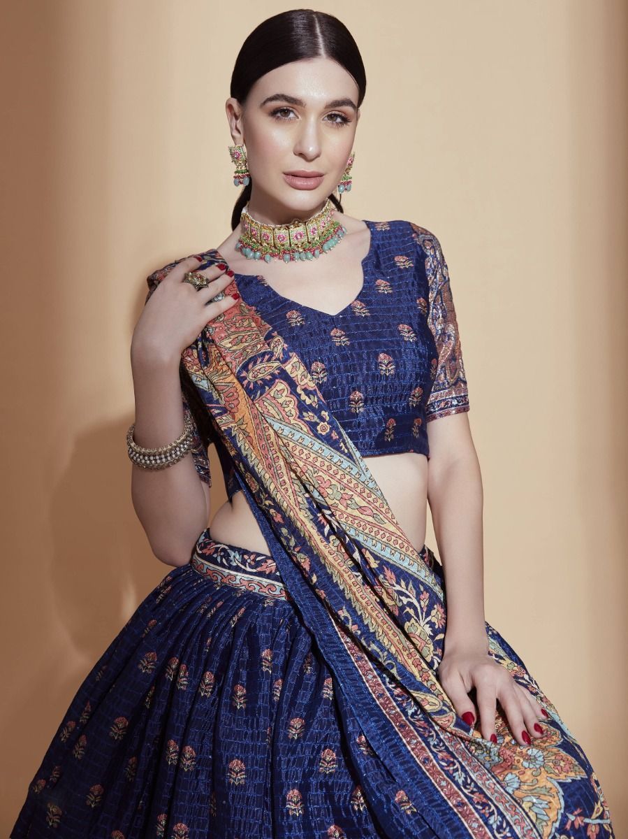 Blue Chinon Digital Print & Crochet Embroidery Lehenga Choli Set
