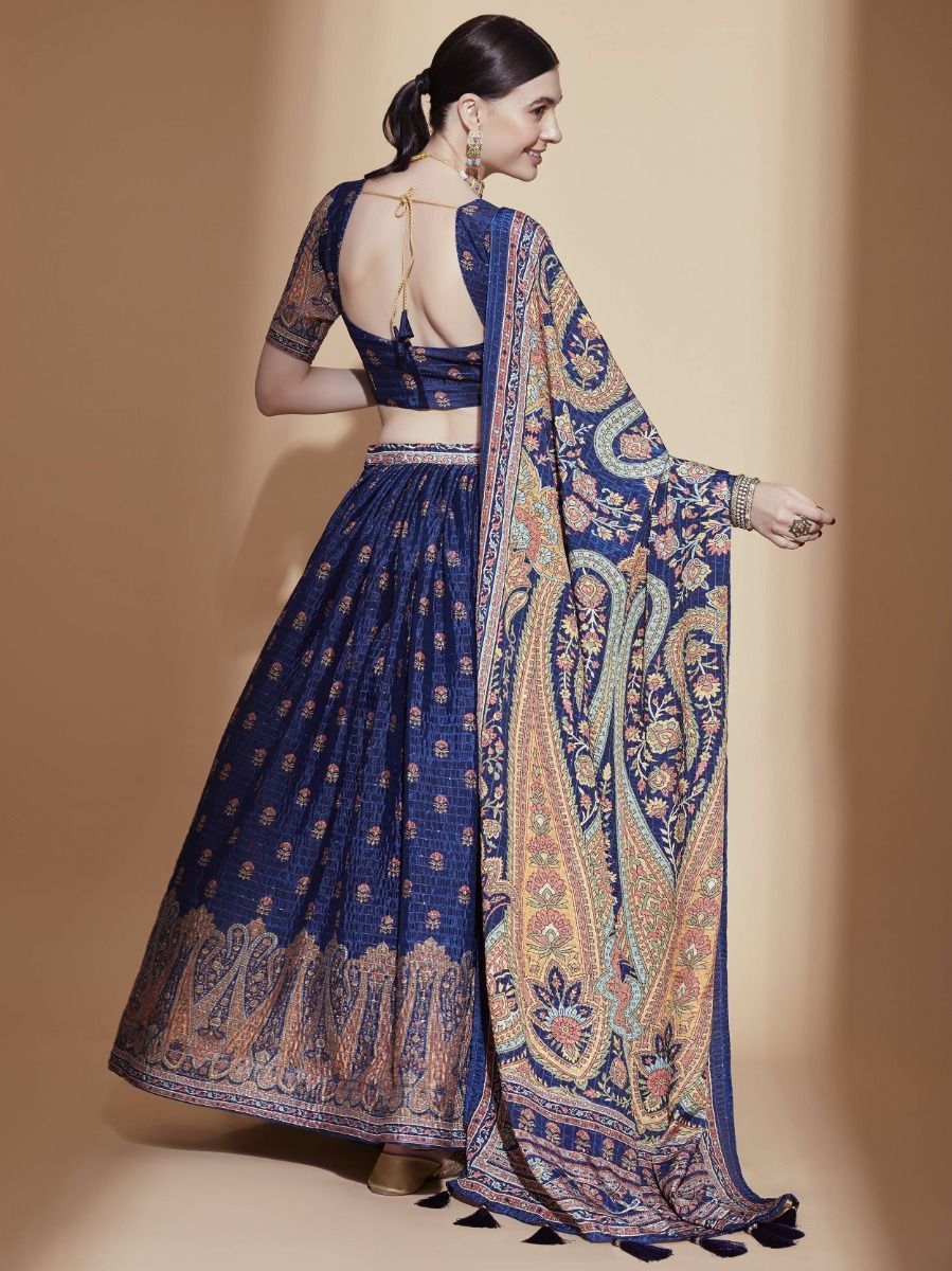 Blue Chinon Digital Print & Crochet Embroidery Lehenga Choli Set