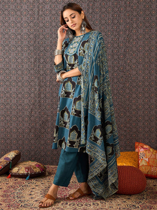 Blue Cotton Printed Straight Shape Suit Set with Dupatta
