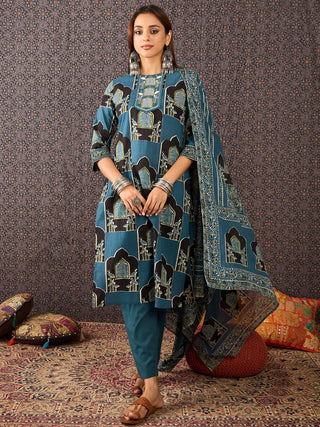 Blue Cotton Printed Straight Shape Suit Set with Dupatta