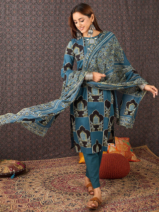 Blue Cotton Printed Straight Shape Suit Set with Dupatta