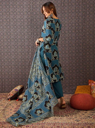 Blue Cotton Printed Straight Shape Suit Set with Dupatta